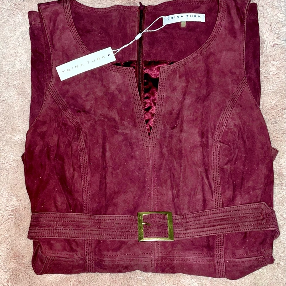 Trina Turk Cranberry Suede Dress with Waist Belt